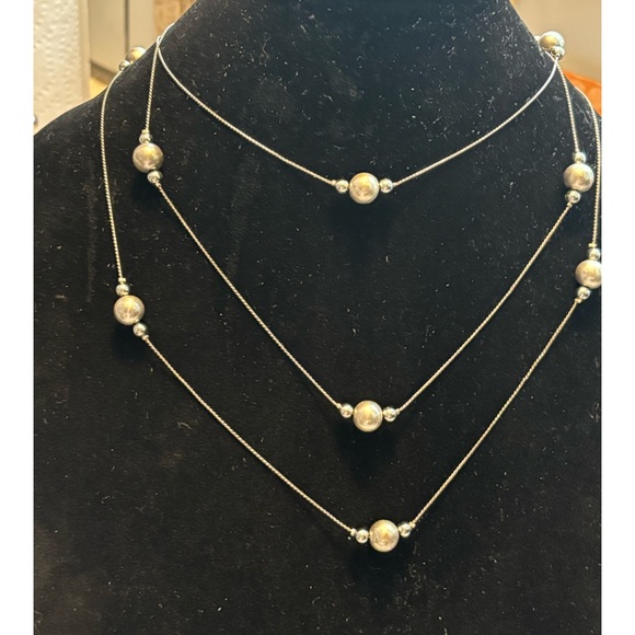 Triple Strand Silver Long Beaded Necklace - Picture 1 of 4